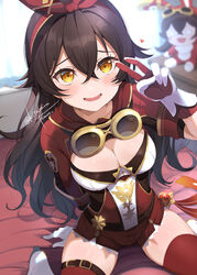  amber_(100_outrider)_(genshin_impact) amber_(genshin_impact) baron_bunny_(genshin_impact) blurry blurry_background bow breasts brown_eyes brown_hair cleavage commentary_request crossed_bangs female genshin_impact gloves goggles goggles_around_neck hairband hairbow heart kitahara_tomoe_(kitahara_koubou) long_hair looking_at_viewer medium_breasts nervous_smile open_mouth red_hairband red_thighhighs short_shorts shorts signature smile thighhighs thighs v vision_(genshin_impact) white_gloves 