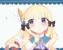  \n/ ascot black_bow blonde_hair blue_eyes blunt_bangs blush border bow cape closed_mouth commentary eureka_814 female hair_ornament hairbow lace lace_border long_hair looking_away looking_to_the_side ornate_border pointy_ears princess_connect! purple_ascot saren_(princess_connect!) simple_background smile solo split_mouth upper_body white_background 