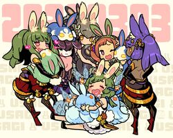  +_+ 6+girls :d ;d animal_ear_fluff animal_ears animal_hug animal_on_head backless_outfit blush brown_hair bunny_(sekaiju_s) closed_eyes dark-skinned_female dark_skin dated detached_sleeves furry furry_female geta green_hair heart heart-shaped_mouth heart-shaped_pupils heart_in_mouth himukai_yuuji jenetta masurao_(sekaiju) masurao_2_(sekaiju) masurao_4_(sekaiju) mononofu_(sekaiju) mononofu_4_(sekaiju) monster multiple_girls on_head one_eye_closed purple_eyes purple_hair rabbit rabbit_day rabbit_ears rabbit_girl romaji_text sekaiju_no_meikyuu sekaiju_no_meikyuu_4 sekaiju_no_meikyuu_5 sekaiju_no_meikyuu_s sitting smile standing symbol-shaped_pupils tengu-geta therian_(sekaiju) therian_2_(sekaiju) wavy_mouth yellow_eyes 