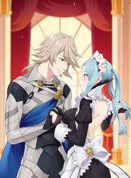  1boy absurdres apron armor back back_bow backless_dress backless_outfit black_dress black_gloves blue_cape blue_hair blush bow breasts bridal_gauntlets cape closed_mouth commentary commission corrin_(fire_emblem) corrin_(male)_(fire_emblem) couple curtains dress english_commentary female fire_emblem fire_emblem_fates flora_(fire_emblem) gloves grey_eyes grey_hair highres holding_hands igni_tion indoors jewelry juliet_sleeves large_breasts long_sleeves looking_at_another maid_apron maid_headdress puffy_sleeves red_curtains red_eyes ring short_hair smile straight twintails waist_apron wedding_ring white_apron 