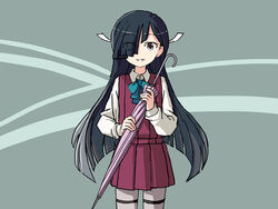  black_hair bow bowtie brown_eyes closed_umbrella commentary cowboy_shot english_commentary eyes_visible_through_hair female grey_background grey_pantyhose hair_over_one_eye halterneck hayashimo_(kancolle) hime_cut kantai_collection long_hair looking_at_viewer one-hour_drawing_challenge pantyhose parted_lips school_uniform shirt sixten smile solo standing two-tone_background umbrella very_long_hair white_shirt 