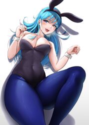  1girl 1girls 2022 big_breasts blue_eyes blue_hair breasts bulma_(bunny) bulma_briefs bunny_ears bunny_girl bunny_tail bunnysuit cleavage dragon_ball dragon_ball_(classic) female female_only fully_clothed laying_on_back light-skinned_female light_skin looking_at_viewer luxpineapple shounen_jump simple_background solo solo_female teal_hair teenage_bulma teenager 