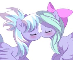  2017 accessory blue_hair blush bow_ribbon closed_eyes cloud_chaser_(mlp) duo equid equine eyebrows eyelashes feathered_wings feathers female feral flitter_(mlp) friendship_is_magic hair hair_accessory hair_ribbon hairbow hasbro long_hair mammal multicolored_hair my_little_pony mythological_creature mythological_equine mythology pegasus ribbons sibling_(lore) simple_background sister_(lore) sisters_(lore) smile two_tone_hair verawitch white_background white_hair wings 