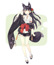  animal_ear_fluff animal_ears bare_shoulders black_hair blush commentary_request contrapposto eyebrows female flower fox_ears fox_tail full_body hair_flower hair_ornament highres japanese_clothes kuromitsu_nene leaf long_hair miniskirt off_shoulder open_mouth original pleated_skirt poco_(asahi_age) sandals shirt skirt sleeveless sleeveless_shirt solo standing tabi tail white_background yellow_eyes zouri 