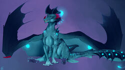  2018 aquatic_dragon blue_body blue_scales digital_media_(artwork) dragon feral glowing glowing_body glowing_scales grin hi_res horn marine membrane_(anatomy) membranous_wings mollish mythological_creature mythological_scalie mythology red_body red_scales scales scalie simple_background sitting smile solo spines teeth wings 