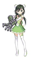  adjusting_clothes adjusting_gloves alternate_hairstyle armlet bad_id bad_twitter_id boots breasts brooch cleavage dress dual_wielding female full_body gauntlets gloves green_dress green_eyes grey_hair hair_ornament high_heel_boots high_heels highres hinata_matsuri holding jewelry legs_apart long_hair looking_at_viewer low_twintails magical_girl mahou_shoujo_madoka_magica mahou_shoujo_suzune_magica senri_gan simple_background sleeveless sleeveless_dress small_breasts smile solo standing tachi-e thigh_boots thighhighs turtleneck twintails white_background white_footwear zettai_ryouiki 