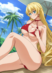  alternate_hairstyle bare_shoulders bikini blonde_hair blue_eyes blush breasts claire_harvey cloud collarbone commentary_request day earrings female highres hundred_(light_novel) jewelry large_breasts long_hair looking_at_viewer namakemono_(u446644k) outdoors palm_tree red_bikini sitting sky smile solo swimsuit tree 