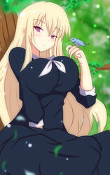  bad_id bad_pixiv_id bird blonde_hair blush breasts female huge_breasts kiritsusei_juuji_academy_uniform leo_(senran_kagura) long_hair pink_eyes school_uniform senran_kagura senran_kagura_new_wave serafuku seririsan solo tree very_long_hair 