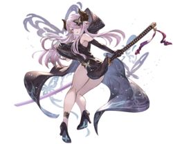  bare_shoulders blue_eyes breasts bug butterfly butterfly_hair_ornament draph dress elbow_gloves female from_behind full_body gloves granblue_fantasy hair_ornament hair_over_one_eye high_heels holding holding_sword holding_weapon hood horns legs long_hair looking_at_viewer looking_back minaba_hideo narmaya_(granblue_fantasy) narmaya_(the_black_butterfly)_(granblue_fantasy) official_alternate_costume official_art parted_lips pink_hair sleeveless solo sword transparent_background weapon 