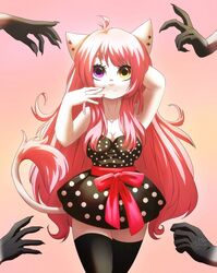  2016 ambiguous_gender anthro arms_bent bow_(feature) bow_in_front breasts candy_(dannyckoo) cleavage clothed clothing clubs_(suit) dannyckoo diamonds_(suit) disembodied_hand domestic_cat dress ear_piercing felid feline felis female gradient_background group hair hand_behind_head heart_symbol hearts_(suit) heterochromia hi_res legwear long_hair looking_at_viewer mammal mostly_offscreen_character pattern_clothing pattern_dress piercing pink_background polka_dot_clothing polka_dot_dress polka_dots ribbons simple_background solo_focus spades_(suit) spots spotted_clothing spotted_dress stockings suit_symbol tresertf waist_bow 