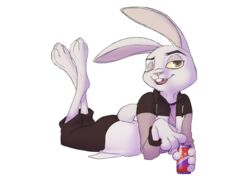  2018 absurd_res alpha_channel ambiguous_gender anthro barefoot bent_legs beverage_can biped calves_up can clothed clothing container disney fan_character feet foxxj hi_res holding_can holding_container holding_object jacket lagomorph leporid looking_at_viewer lying male_(lore) mammal on_front one_eye_closed open_clothing open_jacket open_topwear rabbit raised_calf simple_background solo texi_(yitexity) topwear transparent_background wink yellow_sclera zootopia 