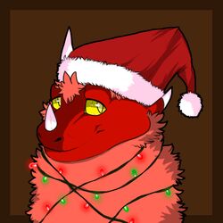  1:1 arwuld christmas clothing dahurgthedragon dragon fur furred_dragon furred_scalie hat headgear headwear holidays horn lights looking_aside low_res male mythological_creature mythological_scalie mythology red_body red_scales scales scalie simple_background smile solo 