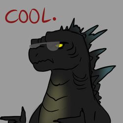  1:1 ambiguous_gender dahurgthedragon digital_media_(artwork) english_text eyewear finger_gun gesture glasses godzilla godzilla_(series) grey_background hand_gesture icon kaiju looking_at_another low_res reaction_image scalie simple_background solo spikes sunglasses text toho yellow_eyes 