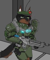  absurd_res anthro armor beret big_gun blue_lights body_armor canid canine canis clothing domestic_dog german_shepherd green_eyes gun hat headgear headwear herding_dog hi_res holstered_pistol knife lewidity lycus_tyner mammal military pastoral_dog radio_headset ranged_weapon rifle soldier warrior weapon 