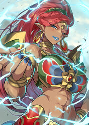  abs absurdres alternate_breast_size blue_eyes blue_lips blue_nails bracelet breasts crescent crescent_earrings crop_top dark-skinned_female dark_skin earrings electricity female gerudo hand_on_own_hip highres jewelry large_breasts long_hair midriff pointy_ears red_hair ring senri_gan the_legend_of_zelda the_legend_of_zelda:_breath_of_the_wild urbosa 