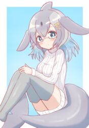  anchor_hair_ornament blowhole blue_background blue_hair blue_whale_(kemono_friends) blush boots breasts cetacean_tail closed_mouth commentary_request commission feet_out_of_frame female fins fish_tail glasses gradient_hair grey_hair grey_thighhighs hair_between_eyes hair_ornament highres japari_symbol kemono_friends knees_up long_hair long_sleeves medium_breasts multicolored_hair pixiv_commission ribbed_sweater sitting smile solo sunanuko_(ramuneko) sweater tail thigh_boots thighhighs turtleneck turtleneck_sweater two-tone_background white_background white_sweater 