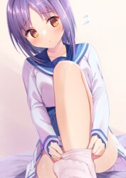  bed_sheet blue_sailor_collar blush bra-ban! breasts brown_eyes collarbone commentary_request commission female flying_sweatdrops highres knee_up long_sleeves mikage_sumi no_shoes parted_bangs parted_lips pixiv_commission pleated_skirt purple_hair sailor_collar segaxtu shirt sitting skirt sleeves_past_wrists small_breasts sock_pull socks solo white_shirt white_skirt white_socks 