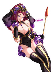  animal_ears arrow_(projectile) black_gloves breasts cleavage commentary conope fake_animal_ears female fire_emblem fire_emblem_heroes gloves hat holding holding_arrow large_breasts leotard loki_(fire_emblem) loki_(spring)_(fire_emblem) long_hair parted_lips playboy_bunny purple_eyes purple_hair rabbit_ears simple_background solo twitter_username white_background 