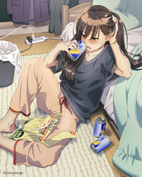  artist_name bangs bed black_shirt blush brown_hair can eyebrows_visible_through_hair feet_out_of_frame female highres ichimirenge long_hair open_mouth original pants pink_pants plug power_strip shadow shirt short_sleeves sitting solo trash_can twitter_username 