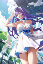  :d absurdres arm_up armpits bare_arms bare_shoulders bird blue_bow blue_flower blue_rose blue_sash blue_sky blurry bow bowtie breasts center_frills chinese_commentary choker cleavage cloud commentary_request cowboy_shot day depth_of_field dress dress_bow falling_petals female floating_hair flower frills gloves hair_flower hair_intakes hair_ornament hairbow happy highres holding holding_suitcase honkai_(series) honkai_impact_3rd large_breasts liu_liaoliao long_hair looking_to_the_side official_alternate_costume open_mouth outdoors petals pleated_dress pleated_skirt purple_eyes purple_hair raiden_mei raiden_mei_(aeterna_purum)_(honkai_impact) raiden_mei_(valkyrie_bladestrike) rose sash see-through see-through_gloves skirt sky smile solo strapless strapless_dress suitcase summer thighs train_station two-sided_fabric white_bow white_bowtie white_choker white_dress wind 