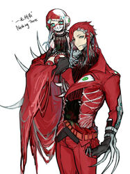  1boy belt black_gloves blue_eyes cape extra_eyes extra_pupils extra_teeth female flesh gloves green_eyes horns jacket lobotomy_corporation long_hair looking_at_viewer multicolored_hair nishikujic nothing_there pants personification project_moon red_cape red_hair red_jacket red_pants streaked_hair very_long_hair white_hair 