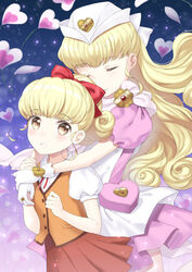  2girls arms_up blonde_hair blue_background blush bracelet brown_eyes closed_eyes commentary cowboy_shot dress dual_persona flower_brooch gloves gradient_background hand_on_another&#039;s_arm heart heart_background hug hug_from_behind jewelry layered_dress light_particles long_hair looking_at_viewer magical_girl moriya_ririka multiple_girls nurse_angel nurse_angel_ririka_sos orange_vest parted_lips pleated_skirt puffy_short_sleeves puffy_sleeves purple_background purple_dress red_skirt school_uniform short_sleeves skirt standing unya_(unya-unya) very_long_hair vest white_gloves white_headwear 