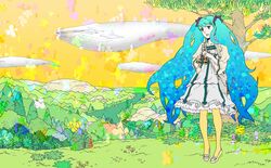  album_cover aqua_eyes aqua_hair binoculars blue_whale commentary_request cover female flying_whale forest hatsune_miku highres holding holding_binoculars long_hair nagimiso nature orange_sky outdoors river scenery sky solo sperm_whale tree twintails very_long_hair vocaloid whale white_whale wide_shot 