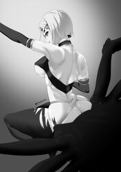  absurdres arachne arthropod_girl ass bare_back bare_shoulders breasts commentary_request elbow_gloves extra_eyes female from_behind gloves greyscale hair_ornament hairclip highres koda1ra large_breasts monochrome monster_girl monster_musume_no_iru_nichijou multiple_legs rachnera_arachnera short_hair smile solo spider_girl tall tall_female taur 