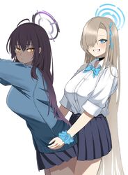  2girls absurdres asuna_(blue_archive) black_hair blue_archive blue_bow blue_bowtie blue_eyes blue_jacket blue_scrunchie blue_skirt bow bowtie breasts collared_shirt commentary_request cowboy_shot dark-skinned_female dark_skin dry_humping gradient_hair hair_over_one_eye halo highres humping jacket karin_(blue_archive) large_breasts light_brown_hair long_hair miniskirt multicolored_hair multiple_girls pleated_skirt prabarp purple_hair school_uniform scrunchie shirt skirt very_long_hair white_background white_shirt wrist_scrunchie yellow_eyes yuri 