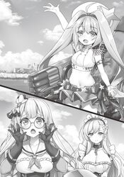  3girls arm_up azur_lane belfast_(azur_lane) braid breasts cleavage closed_mouth collarbone commentary_request echo_(azur_lane) edinburgh_(azur_lane) elbow_gloves glasses gloves greyscale highres large_breasts long_hair looking_at_another maid_headdress medium_breasts monochrome multiple_girls neckerchief novel_illustration official_art open_mouth raiou round_eyewear 