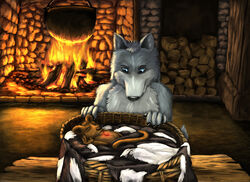  absurd_res anthro basket bedding blanket brother_(lore) brothers_(lore) brown_body brown_fur cabin calder_ulfriksson canid canine canis cauldron container crystal curious dire_wolf duo euplerid extinct fireplace fossa fur gem grey_body grey_fur hi_res interior_background lolicon male mammal nochein prehistoric_species ruby_(gem) secrets_of_uncrom sibling_(lore) sleeping slice_of_life uncrom valtalska_dercas ven_ulfriksson warm_lighting wicker wood yenocwolf young young_male 