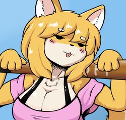  4_fingers anthro bare_shoulders baseball_bat bat_(object) big_breasts blue_background blush breasts bust_portrait butterscotch_(peargor) canid canine canis cel_shading chest_tuft cleavage clothed clothing cross-hatching domestic_dog dot_eyes eyebrows female fingers fur go_to_horny_jail hair half-closed_eyes handpaw hatching_(art) horny_bat mammal meme mochi-bun multicolored_body multicolored_fur narrowed_eyes naughty_face paws pink_clothing pink_shirt pink_topwear portrait shaded shiba_inu shirt simple_background solo spitz tongue tongue_out topwear tuft two_tone_body two_tone_fur two_tone_tail weapon_on_shoulder white_body white_eyebrows white_fur yellow_body yellow_fur yoke_pose 