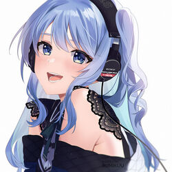  :d armpit_crease bare_shoulders blue_eyes blue_hair commentary female headphones hololive hoshimachi_suisei hoshimachi_suisei_(casual) k-rumi long_hair official_alternate_costume one_side_up open_mouth simple_background smile solo sony star_(symbol) star_in_eye symbol_in_eye upper_body virtual_youtuber white_background 