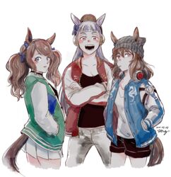  3girls :d alternate_costume animal_ears bad_id bad_pixiv_id beanie blue_eyes blue_jacket blunt_bangs bow brown_hair candy commentary_request cowboy_shot cropped_legs crossed_arms dated ear_bow ear_covers ear_ornament food gold_ship_(umamusume) green_jacket grey_headwear hair_ribbon hands_in_pockets hat headphones headphones_around_neck horse_ears horse_girl horse_tail jacket letterman_jacket lollipop long_hair looking_at_viewer looking_back medium_hair miniskirt mouth_hold multiple_girls nakayama_festa_(umamusume) open_clothes open_jacket open_mouth pants pillbox_hat pleated_skirt red_eyes red_jacket ribbon shorts signature simple_background skirt smile tail teeth tosen_jordan_(umamusume) twintails umamusume uzaki_(jiro) white_background white_hair 