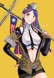  anchor_ornament asymmetrical_legwear black_necktie blue_hair breasts female flag hand_on_own_hip headgear highres holding holding_flag kantai_collection large_breasts long_hair long_sleeves looking_at_viewer midriff multicolored_hair navel necktie nidou one-hour_drawing_challenge solo south_dakota_(kancolle) very_long_hair yellow_eyes 