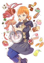  annette_fantine_dominic blue_legwear bowl cake commentary_request cupcake female fire_emblem fire_emblem:_three_houses food fruit garreg_mach_monastery_uniform green_eyes hakou_(barasensou) highres holding holding_bowl long_sleeves macaron meat mixing mixing_bowl open_mouth orange_hair pear pudding sausage simple_background solo twintails uniform white_background 