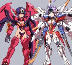  2girls ahoge blue_hair breasts cleavage dual_wielding forehead_jewel green_eyes grey_background gundam gundam_epyon gundam_wing highres holding holding_sword holding_weapon humanization leotard looking_at_viewer mecha_musume mechanical_wings michi_kuso multiple_girls navel purple_hair short_hair sword weapon wing_gundam_zero wings 