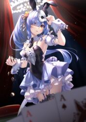  absurdres ace_(playing_card) ace_of_diamonds ace_of_spades animal_ears arm_up armpits asymmetrical_hair bare_shoulders black_bow black_dress black_leotard black_necktie black_ribbon black_thighhighs blue_garter_straps blue_hair blurry blurry_foreground blush bow card center_frills chandelier collar commentary_request cowboy_shot detached_collar detached_sleeves diamond_(shape) don-chan_(usada_pekora) dress dutch_angle eye_mask eyes_visible_through_hair fake_animal_ears female frilled_collar frilled_cuffs frilled_dress frilled_sleeves frills garter_straps gradient_eyes hair_ornament hair_over_one_eye hair_ribbon hairbow heart heart_hair_ornament highres hikimayu holding holding_mask hololive layered_dress leotard light_particles long_hair looking_at_viewer mask multicolored_clothes multicolored_dress multicolored_eyes necktie official_alternate_costume open_mouth playing_card poker_chip pom_pom_(clothes) puffy_short_sleeves puffy_sleeves rabbit-shaped_pupils rabbit_mask red_curtains red_eyes ribbon short_eyebrows short_necktie short_sleeves side_ponytail sidelocks sleeveless sleeveless_dress solo spade_(shape) symbol-shaped_pupils thick_eyebrows thighhighs thighs tsurupy unworn_mask usada_pekora usada_pekora_(furi_furi_bunny_dress) very_long_hair virtual_youtuber white_collar white_sleeves white_wrist_cuffs wing_collar wrist_cuffs yellow_eyes 