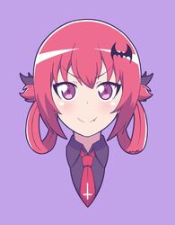  artsy-rc bat_hair_ornament blush bow closed_mouth collared_shirt commentary_request cross fang_out female gabriel_dropout grey_bow grey_shirt hair_ornament hairbow highres inverted_cross looking_at_viewer necktie oerba_yun_fang portrait red_eyes red_hair red_necktie satanichia_kurumizawa_mcdowell shirt smile solo wing_collar 