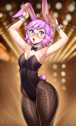  animal_ears bad_id bad_pixiv_id black_bow black_bowtie black_leotard bow bowtie breasts cawfield detached_collar female fishnet_pantyhose fishnets glasses highres leotard looking_at_viewer paladins pantyhose playboy_bunny purple_eyes purple_hair rabbit_ears rabbit_pose rabbit_tail rei_(paladins) round_eyewear short_hair solo strapless strapless_leotard tail wrist_cuffs 