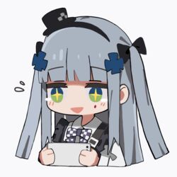  +_+ apron black_apron black_bow blunt_bangs blush bow bowtie cellphone checkered_bow checkered_bowtie checkered_clothes commentary_request dress facial_hair facial_tattoo female girls&#039;_frontline green_eyes grey_hair hair_ornament hairbow hk416_(black_kitty&#039;s_gift)_(girls&#039;_frontline) hk416_(girls&#039;_frontline) holding holding_phone official_alternate_costume open_mouth phone sidelocks simple_background smartphone smile tattoo teardrop teardrop_tattoo white_background x_hair_ornament yuki_hotaru 