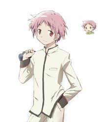  2boys aged_up blush_stickers carrying_over_shoulder commentary_request contrapposto cowboy_shot cropped_shoulders dual_persona gakuran green_hoodie hand_in_pocket hand_up high_collar hood hoodie kaname_tatsuya kinfuji long_sleeves looking_at_viewer mahou_shoujo_madoka_magica mahou_shoujo_madoka_magica_(anime) male_focus mitakihara_school_uniform multiple_boys pants parted_lips pink_eyes pink_hair school_uniform shirt simple_background smile tareme white_pants white_shirt 