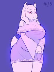  2021 big_breasts bovid breasts caprine clothing curved_horn digital_drawing_(artwork) digital_media_(artwork) dress dressuptober female floral_pattern goat hi_res horn junkedart mammal monochrome portrait red_eyes shoulderless_dress smile solo thick_thighs three-quarter_portrait toriel undertale undertale_(series) 