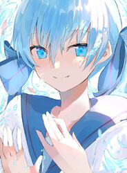  absurdres blue_bow blue_eyes blue_hair blue_sailor_collar bottle_miku bow closed_mouth commentary female hair_between_eyes hairbow hands_up hatsune_miku highres long_hair looking_at_viewer poono sailor_collar school_uniform serafuku shirt smile solo twintails upper_body vocaloid water white_background white_shirt 