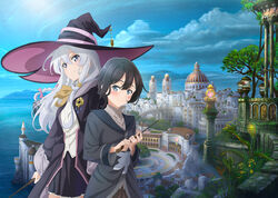  2girls architecture artist_request black_hair black_headwear black_jacket black_skirt blue_eyes blush cloud cloudy_sky elaina_(majo_no_tabitabi) flower hat highres jacket key_visual lantern long_hair majo_no_tabitabi multiple_girls ocean official_art outdoors promotional_art purple_eyes saya_(majo_no_tabitabi) shirt short_hair skirt sky tree white_hair white_shirt witch witch_hat yellow_flower 