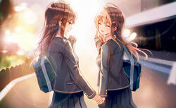  2girls absurdres bad_id bad_pixiv_id bag blazer blue_ribbon blue_skirt blurry blurry_background brown_eyes brown_hair closed_eyes collared_shirt dress_shirt grey_jacket hair_ribbon hand_up highres holding_hands jacket long_hair looking_at_another multiple_girls open_mouth original outdoors parted_lips pleated_skirt ribbon school_bag school_uniform shirt sion_(im10042m) skirt smile standing sunlight white_shirt 