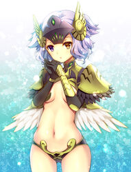  armor bikini_armor black_armor black_gloves breasts brown_eyes character_request closed_mouth commentary_request elbow_gloves feathered_wings female gloves hands_up headgear heterochromia kuroe_(sugarberry) low_wings navel own_hands_together pauldrons purple_eyes purple_hair shoulder_armor small_breasts solo visor_(armor) white_wings wings wonderland_wars 