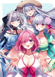  4girls absurdres anastasia_(fate) anastasia_(swimsuit_archer)_(fate) anastasia_(swimsuit_archer)_(first_ascension)_(fate) bare_shoulders bikini black_bow blue_bikini blue_dress blue_eyes blush bow braid braided_ponytail breasts choker cleavage collarbone commentary_request dress dress_swimsuit earrings fate/grand_order fate_(series) flower green_bikini green_vest grey_hair hair_flower hair_ornament hair_over_one_eye hair_ribbon hairbow half_up_braid hat highres hood hooded_vest hoodie jewelry kama_(fate) kama_(swimsuit_avenger)_(fate) kama_(swimsuit_avenger)_(second_ascension)_(fate) large_breasts long_hair looking_at_viewer lotus mash_kyrielight mash_kyrielight_(swimsuit_of_perpetual_summer) misaki346 morgan_le_fay_(fate) morgan_le_fay_(jade_hairpin)_(fate) multiple_girls navel necklace one-piece_swimsuit open_mouth outstretched_arms pendant pink_hair ponytail purple_eyes red_eyes ribbon short_hair sidelocks smile sparkle straw_hat swimsuit very_long_hair vest white_hair white_one-piece_swimsuit 