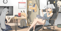  5girls alpaca_ears alpaca_suri_(kemono_friends) alternate_costume animal animal_ear_fluff animal_ears animal_on_lap bare_arms bare_legs bare_shoulders bird_tail black_hair black_pants black_pantyhose blue_eyes box calendar_(object) casual cat_on_lap chair clock commentary extra_ears ezo_red_fox_(kemono_friends) feline fox_ears fox_tail gradient_hair grey_hair hair_between_eyes handheld_game_console head_wings highres indoors jacket japari_symbol john_(a2556349) kemono_friends long_hair looking_at_another lounge_chair mask mouth_mask multicolored_hair multiple_girls nintendo_switch on_lap pants pantyhose raglan_sleeves sanpaku shirt shoebill_(kemono_friends) short_hair short_shorts shorts silver_fox_(kemono_friends) sitting skirt squiggle surgical_mask t-shirt table tail television tibetan_fox_(kemono_friends) unworn_jacket very_long_hair white_hair wings wooden_floor yellow_eyes yellow_legwear 