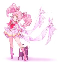  ;d animal bird bishoujo_senshi_sailor_moon boots bow chibi_usa choker closed_eyes commentary cone_hair_bun crescent crescent_facial_mark double_bun elbow_gloves embellished_costume facial_mark feline female forehead_mark full_body gloves hair_bun hair_ornament heart heart_choker inzup luna_(sailor_moon) magical_girl multicolored_clothes multicolored_skirt one_eye_closed open_mouth parted_bangs pink_footwear pink_hair pink_sailor_collar red_bow sailor_chibi_moon sailor_collar sailor_senshi_uniform skirt smile super_sailor_chibi_moon symbol-only_commentary twintails white_background white_gloves 